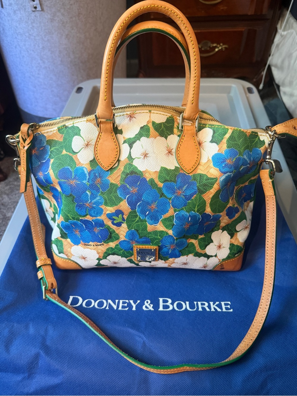 Dooney & Bourke Blue Floral Canvas Satchel with Tan Leather Trim